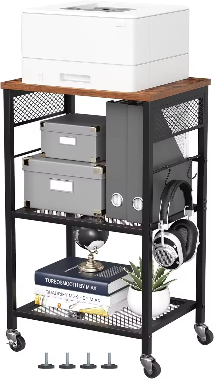 Factory Direct Sales 3-layer Stainless Steel Mobile Printer Stand Modern Printer Cart with Wheels and 2 Hooks Storage Rack