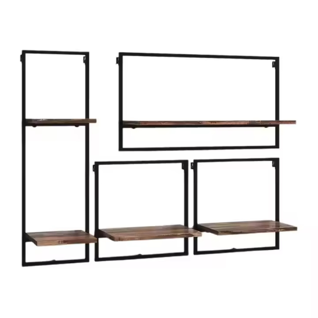 ODM OEM Coated Iron Frame Wall Shelving 4-Piece Floating Display Shelves Double Tiers Contemporary Living Room Home Storage
