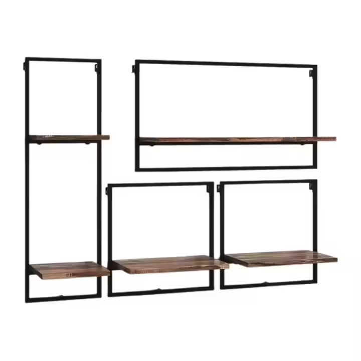ODM OEM Coated Iron Frame Wall Shelving 4-Piece Floating Display Shelves Double Tiers Contemporary Living Room Home Storage