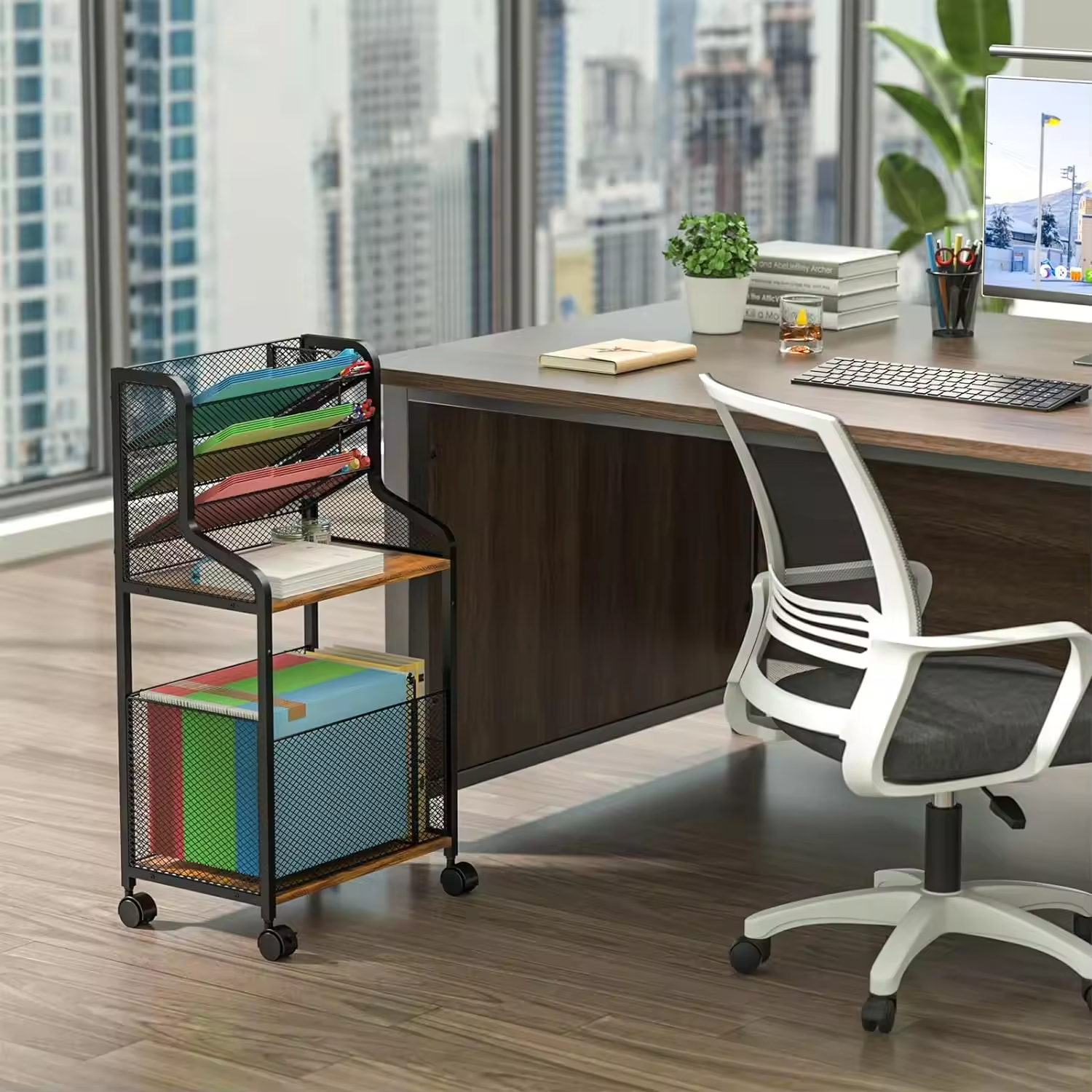 Custom 5 Tier Office Rolling File Cart Home Utility Carts School Standing File Organizer with Pen Holder,