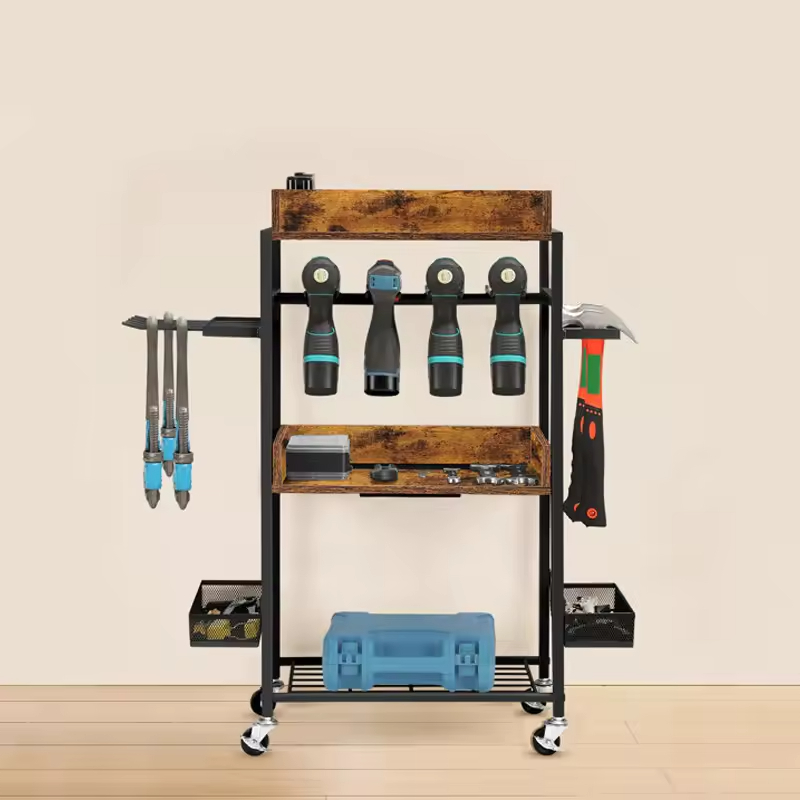 Factory OEM/ OBM Portable Rustic Rolling Tool Organizers Built-in Outlets USB Storage Rack Charging Station Garage Organizers