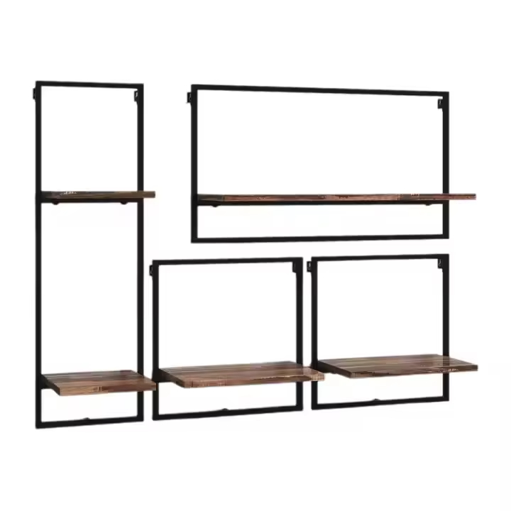 ODM OEM Coated Iron Frame Wall Shelving 4-Piece Floating Display Shelves Double Tiers Contemporary Living Room Home Storage