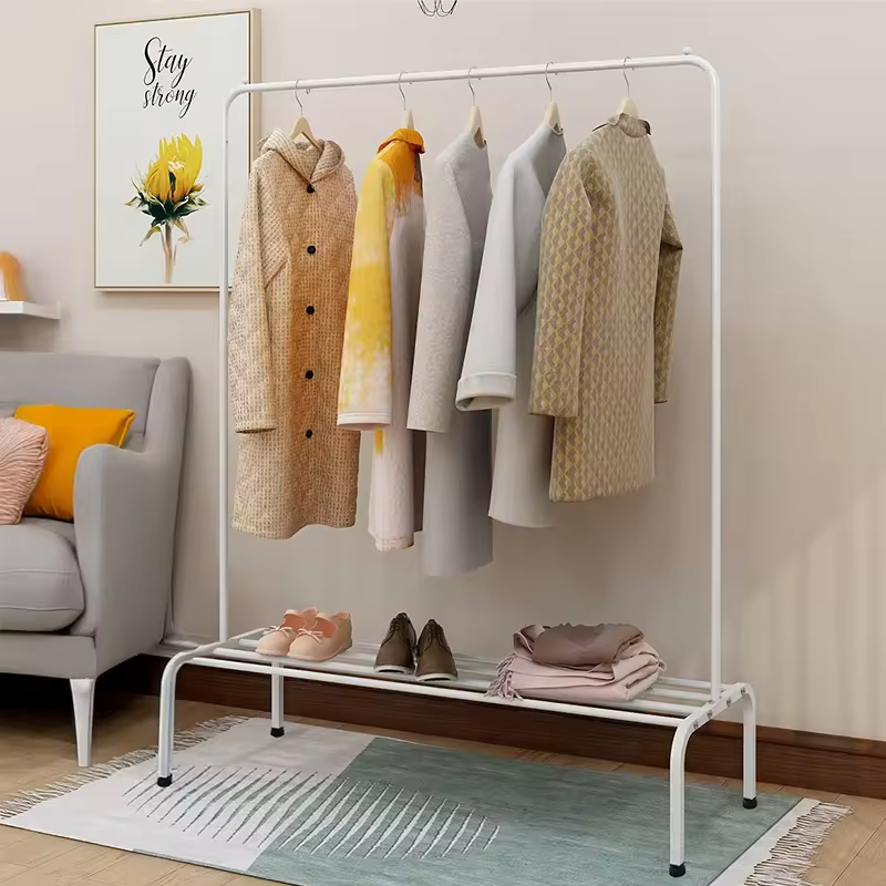 Metal Heavy Duty Waterproof Foldable Detachable Garment Rack with Top Rod Lower Storage Shelf for Bathroom Wardrobe Living Room