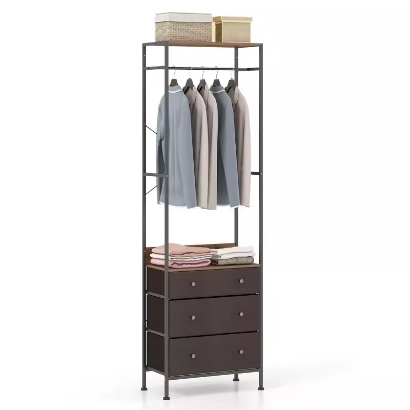 Vintage Multi-Functional Three-Layer Foldable Detachable Brown Wood+Metal Display Rack Customizable Wardrobe Bedroom Living Room