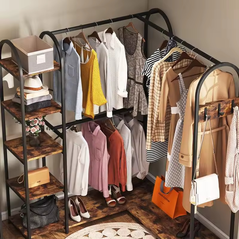 Rustic Brown and Black L-Shaped Corner Garment Rack Closet Organizer with Storage Shelves and Coat Rack