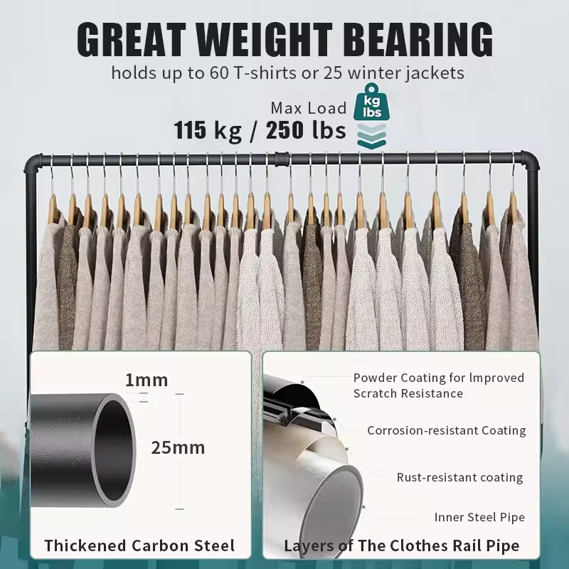 Factory Custom Wholesale Single Pole Drop Belt Wheel Rolling With Brake Industrial Pipe Clothing Rack Black Drying Rack