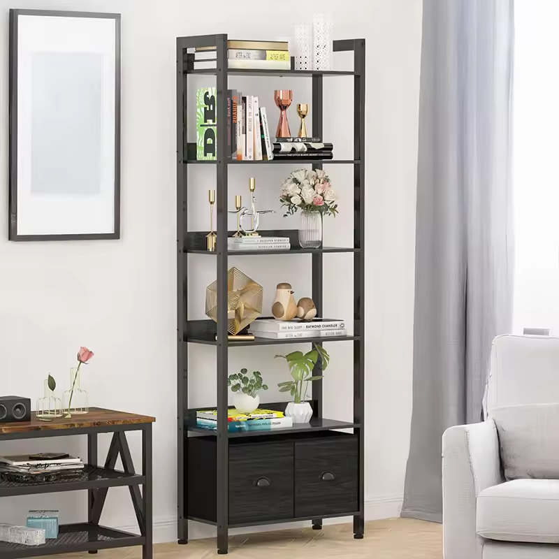 Factory OEM&ODM 5-Tier Wood and Metal Bookshelf Tall Bookcase with 2 Storage Drawers Industrial Display Standing Shelf Units
