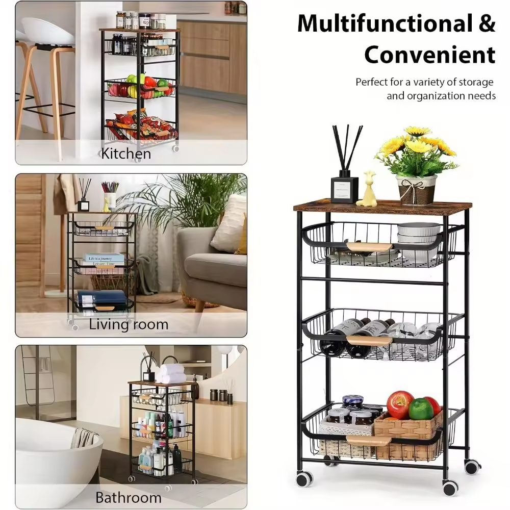 OEM/ODM 4-Tier Wood Steel Fruit Vegetable Storage Rolling Cart Power Charging Kitchen Living Room Islands Carts Wheels Factory