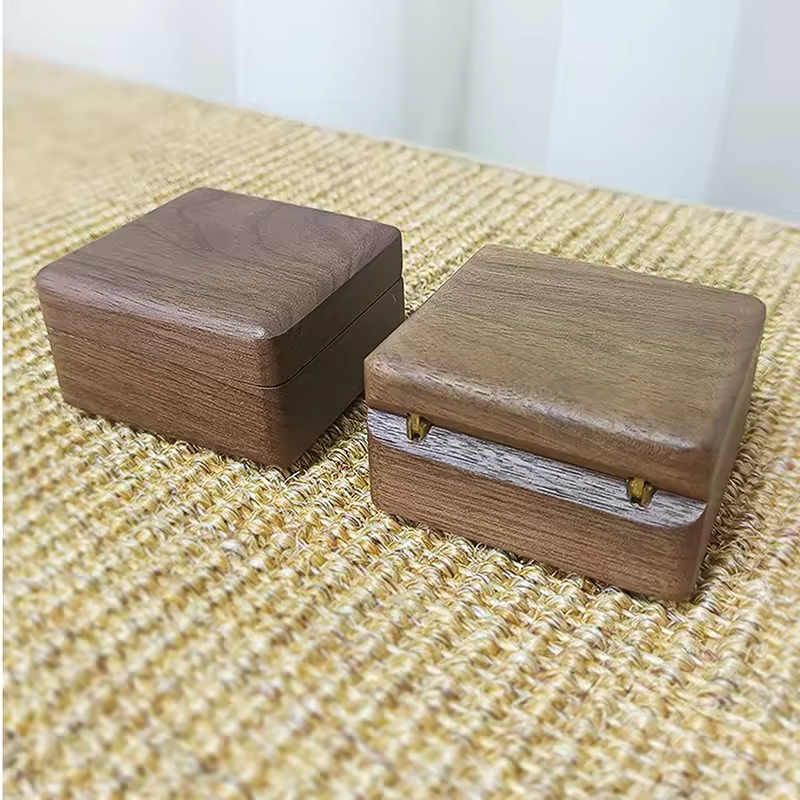 Hot Selling Wooden Box Packaging Single Double Ring with Black Velvet Inside Collection Walnut Wooden Ring Box for Engagement