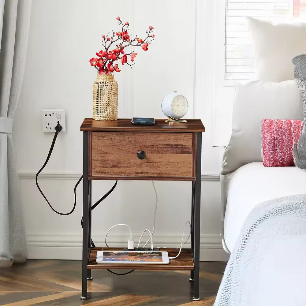 OEM ODM Custom End Table with Charging Station with 1 Wooden Drawers Livingroom Cabinet Couch Nightstand End Side Table