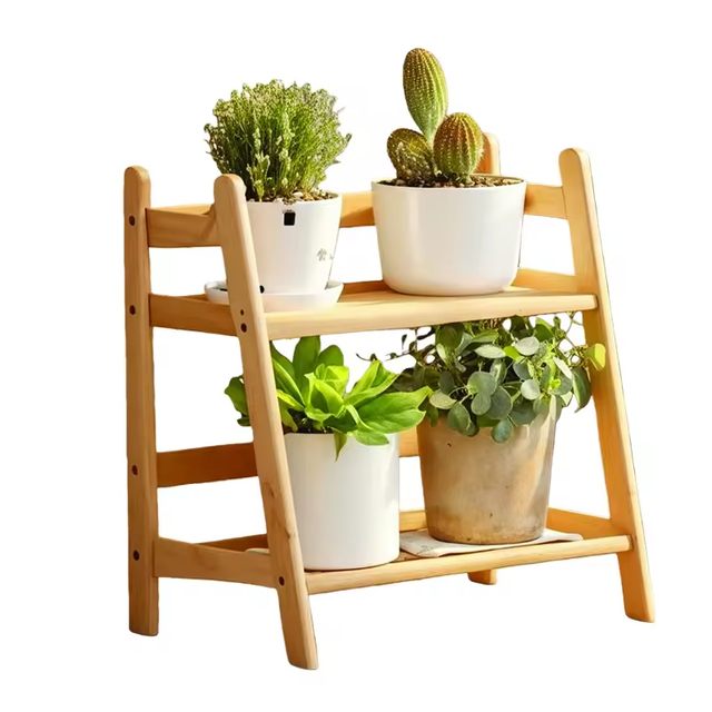 Modern Rectangle Bamboo Plant Stand with Ladder Display 2-Tier for Home Flower Pot Display