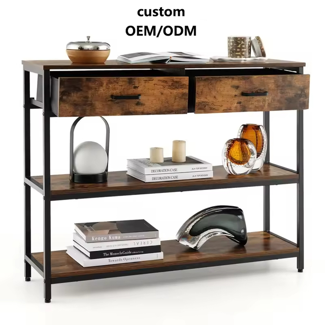 OEM ODM Factory Custom Multifunctional Double Tier Vintage Industrial Narrow Long Table Living Room Console Table with Drawers