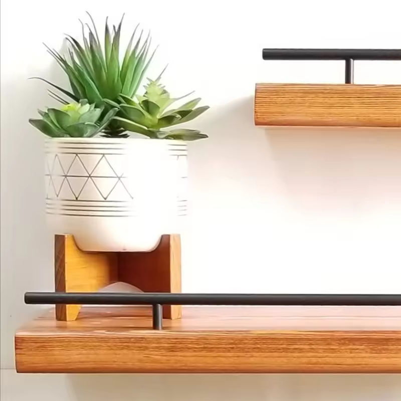 Modern Design Double-Tier Wood Rectangle Wall Shelves Premium Quality Storage Rack Kitchen Tabletop Dinnerware Plants