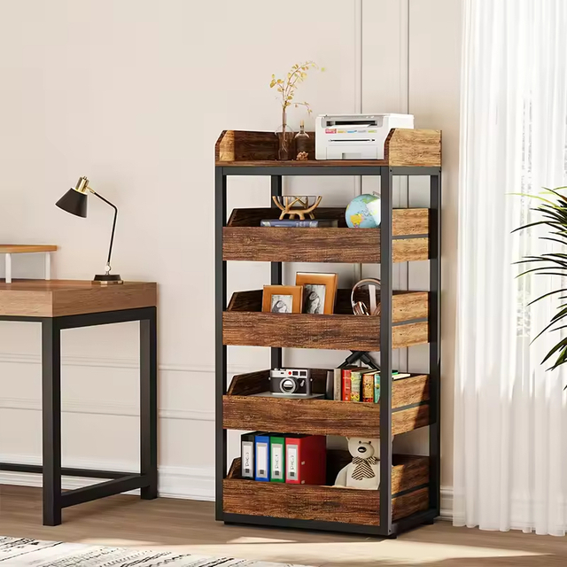 Factory OEM/ODM 5-Tier Pull-Out Snack Stand Fruit Basket Stand Wood and Steel Fruit and Vegetable Storage Rack