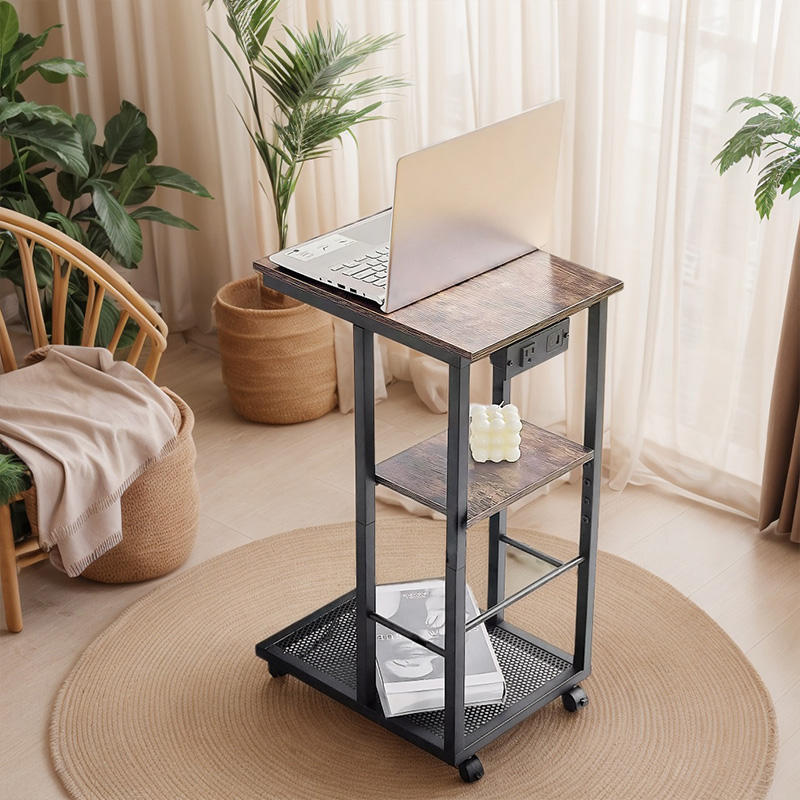 C-Shaped End Table W/USB Ports & Wheels Metal Side Table with Wire Shelf Space-Saving Living Room Furniture for Apartment/Hotel
