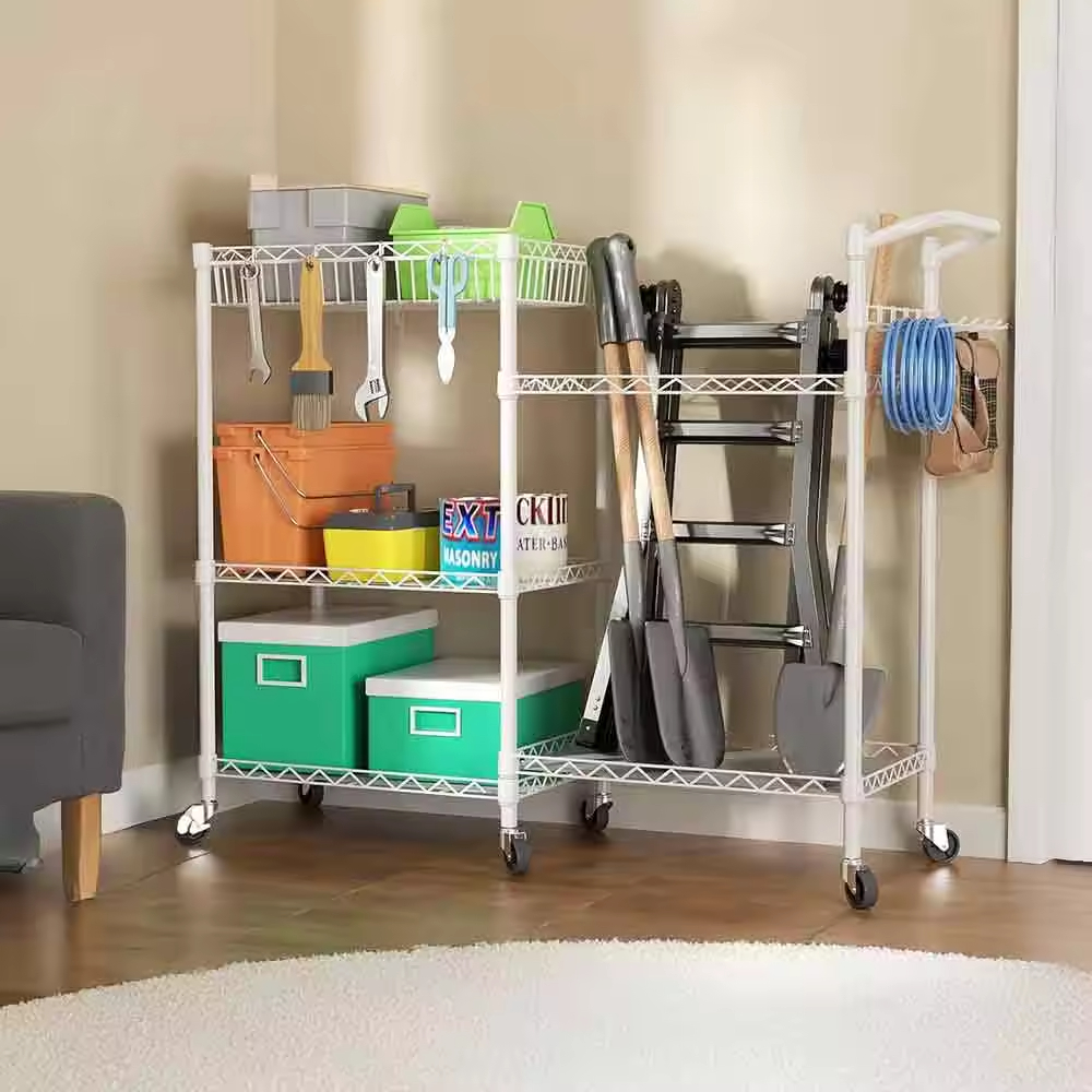 Wall-Mounted Tool Organizer with Storage Shelves Metal Construction Hooks & Wheels for Garage or Home Workshop