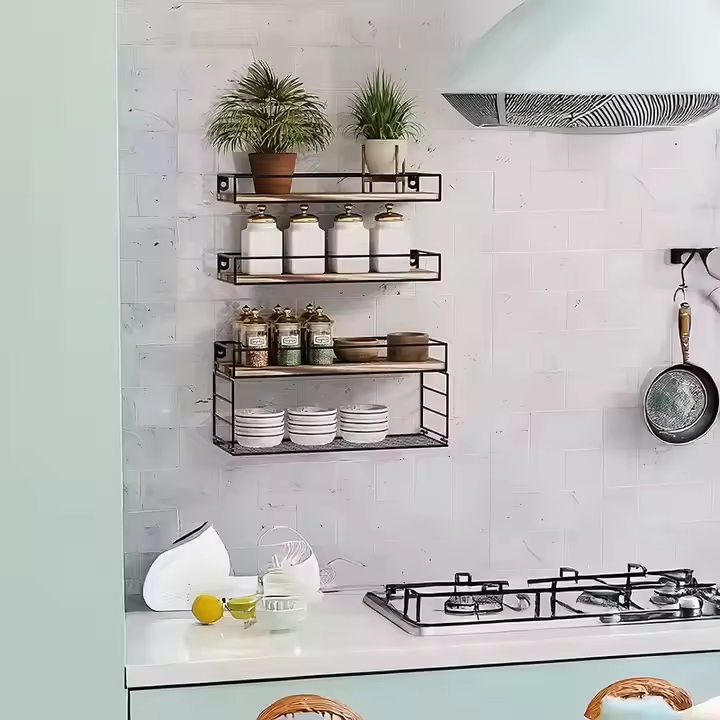 Rustic Retro Modern Vintage Sofa Console Tables Floating Wood Mounted Steel Rack for Tool Storage Rotating Living Room Wardrobe