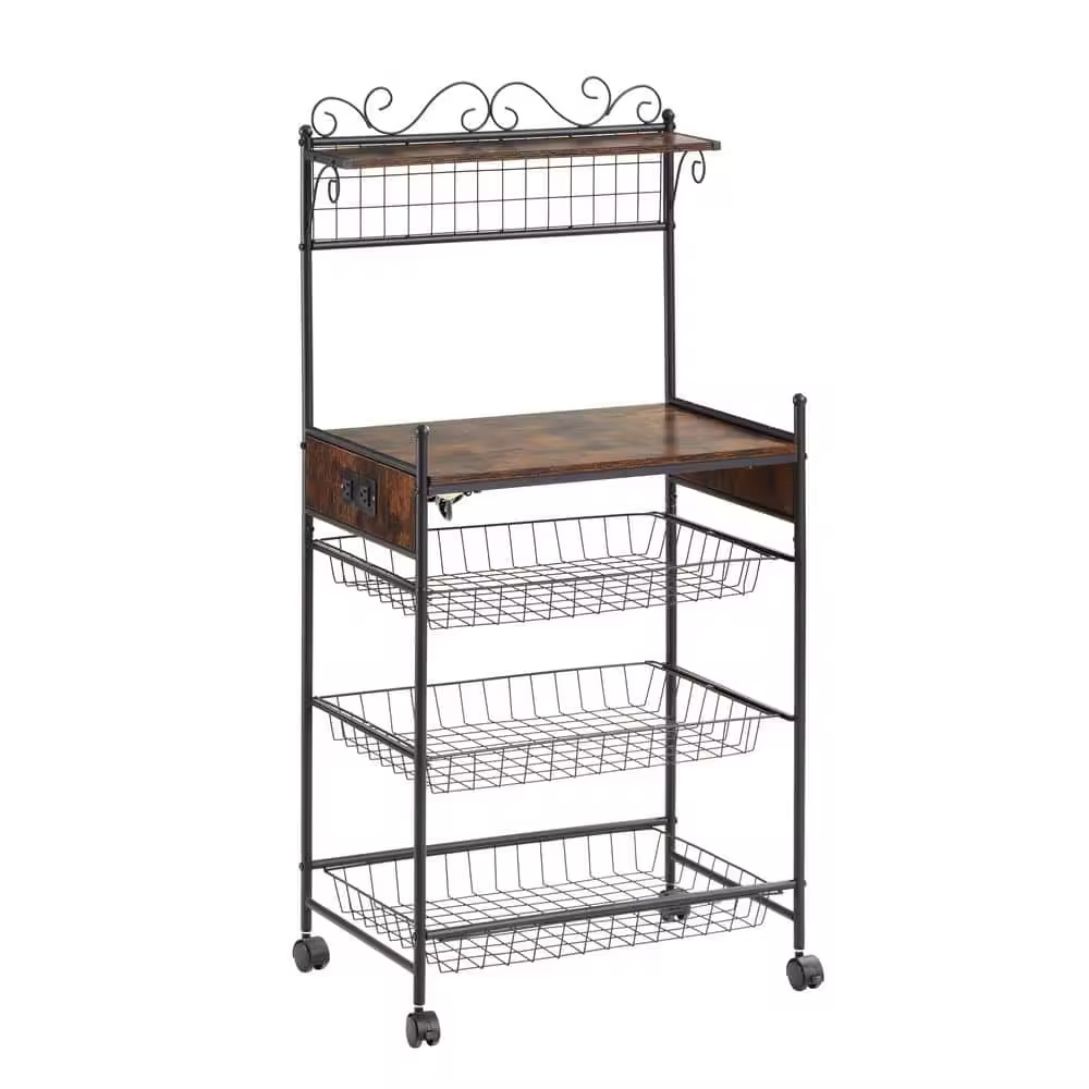 OEM/ODM Brown 5-Shelf Kitchen Storage Rack with Anti-Skid Locks and Wheels Factory Direct for Kitchen Islands & Carts