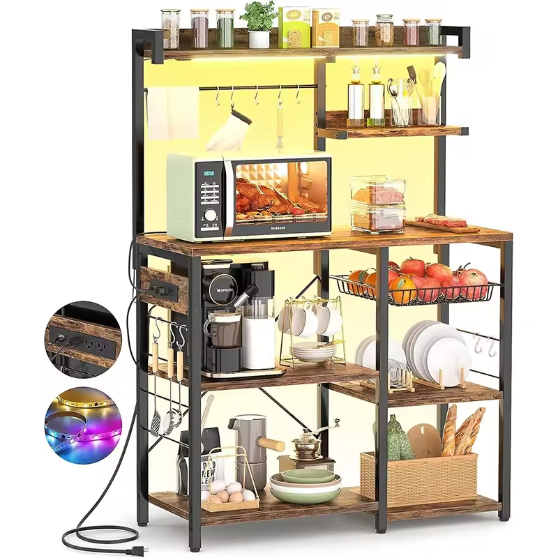 Factory Custom Large Capacity Metal and Wooden Kitchen Storage Rack Kitchen Coffee Bar with Storage Cabinet