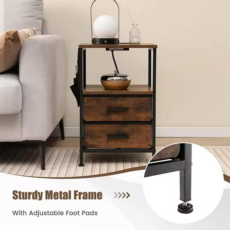 OEM&ODM Convertible Modern Bedroom Nightstand with 2 Drawers Charging Station Wooden and Metal End Table Small Nightstand