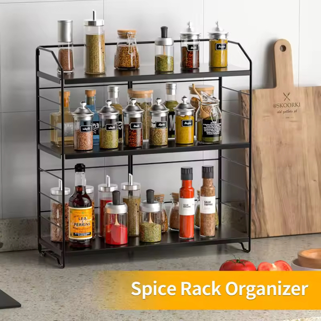 Manufacturer Custom Freestanding Stainless Steel Spice Rack with Adjustable Racks 3-Tier Spacious Kitchen Spice Rack