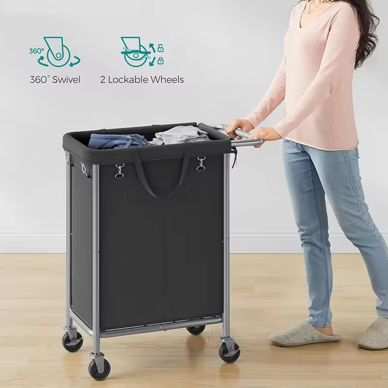 Custom 140L 2 Section Rolling Laundry Basket Steel Frame Handle Removable Liner Wheeled Blanket Storage Bathroom 600D Oxford