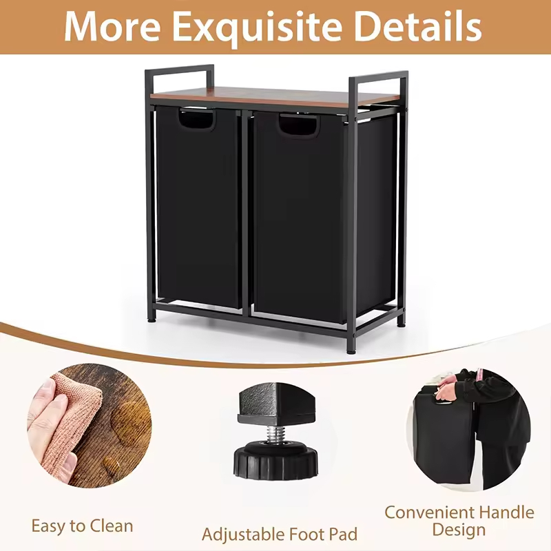 Factory Custom Rustic Double-Tier Waterproof Laundry Basket Removable Compartments Steel Wood Construction Storage Baskets