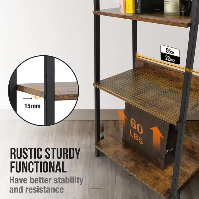 Factory ODM OEM Office Organizer 4-Shelf Ladder Bookcase with Wood & Metal for Living Room Office Balcony Kitchen Storage