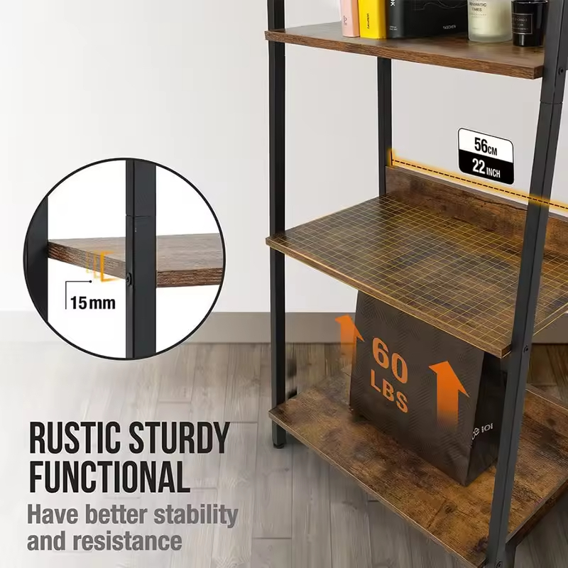 Factory ODM OEM Office Organizer 4-Shelf Ladder Bookcase with Wood & Metal for Living Room Office Balcony Kitchen Storage