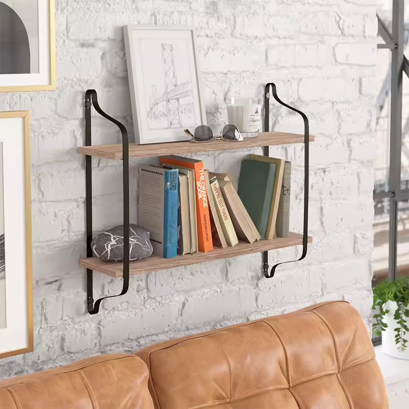 Factory Customize 2 Piece Three-Layer Floating Shelf Live Edge Antique Wood Metal Combined Storage Shelves Wall Bookshelves