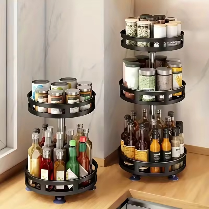 Factory Custom 3-Layer Rotatable Kitchen Seasoning Rack with Three Baskets Storage Shelf Kitchen Metal Multi-fuction Spice Racks