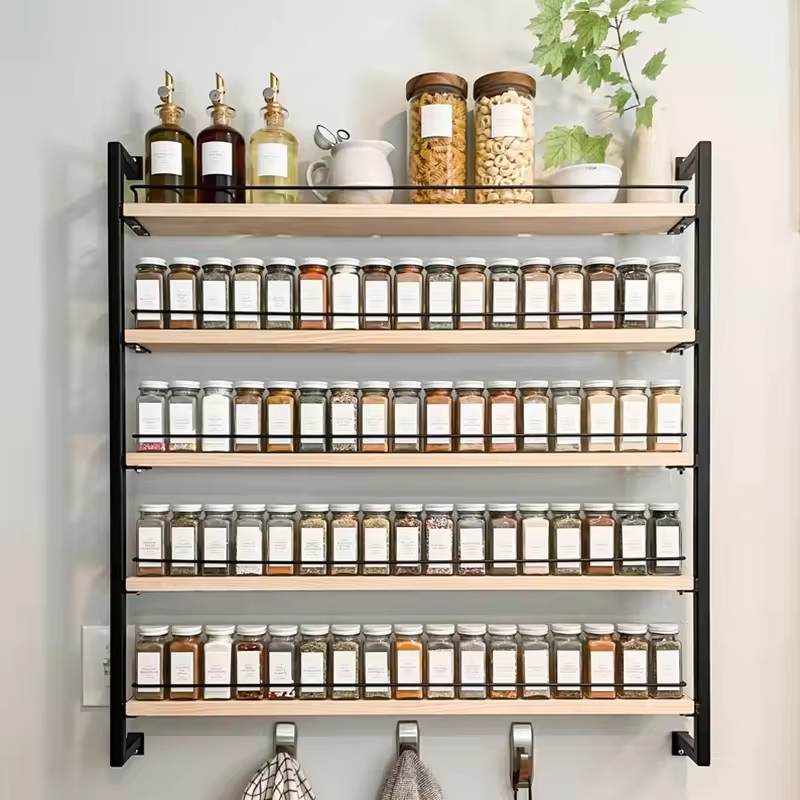 Custom 5-Tier Hanging Spice Rack Organizer Multi-Functional Steel-Wood Spice Storage Holder 5-Tier Hanging Spice Rack