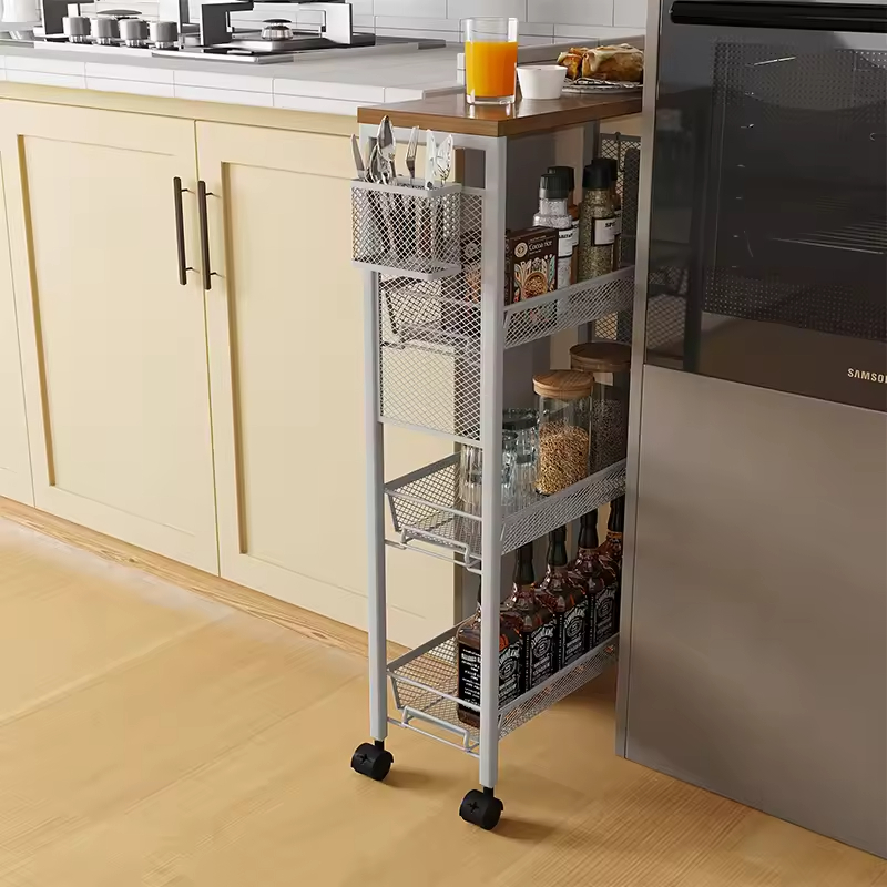 OEM Factory Large Capacity 4-Tier Kitchen Cart with Rolling Storage Rack Slim Metal Storage Cart 4-Wheel Kitchen Islands & Carts