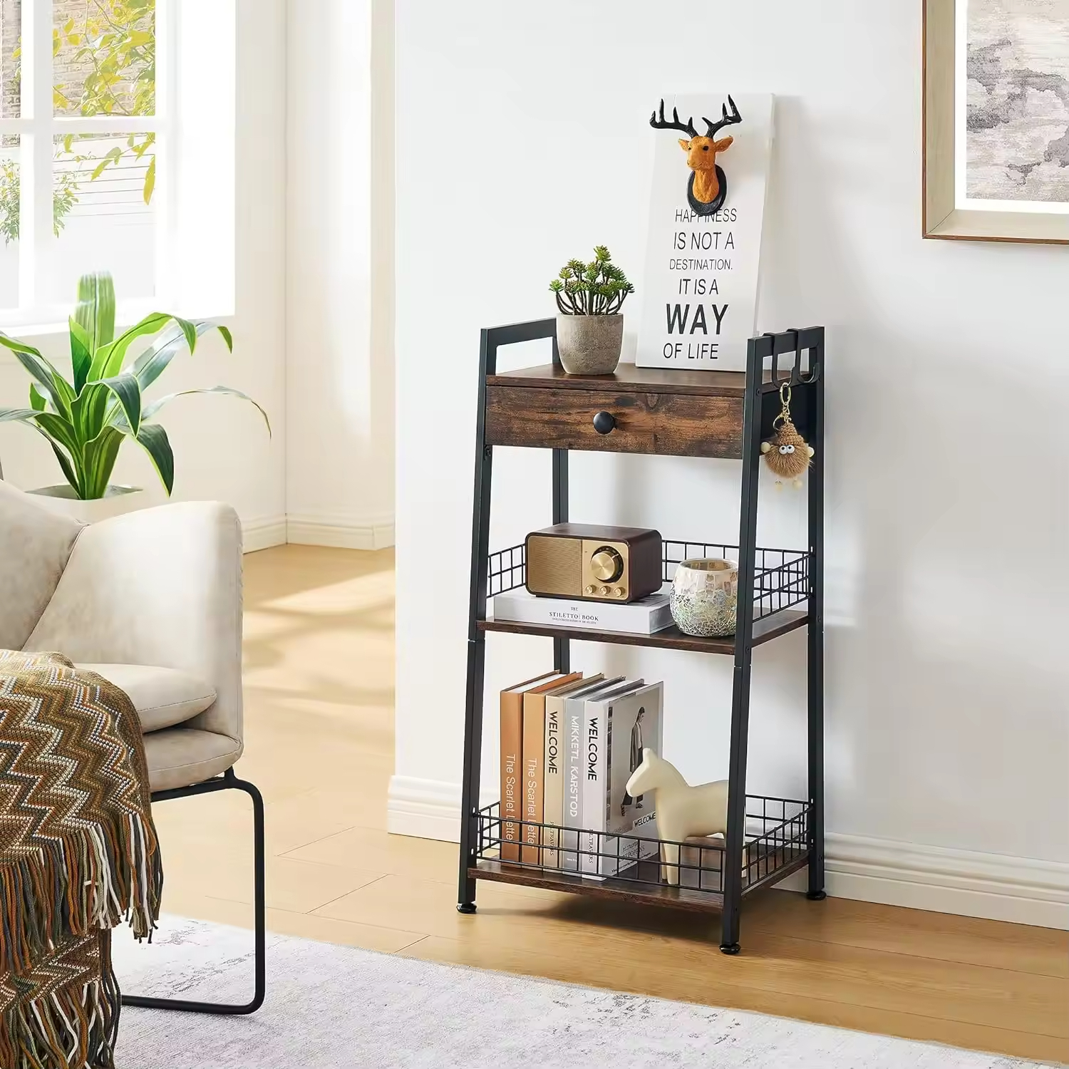 Custom 3-Tier Space Saving Bathroom Ladder Shelf Bathroom Floor Storage Organizer Shelf With Drawer