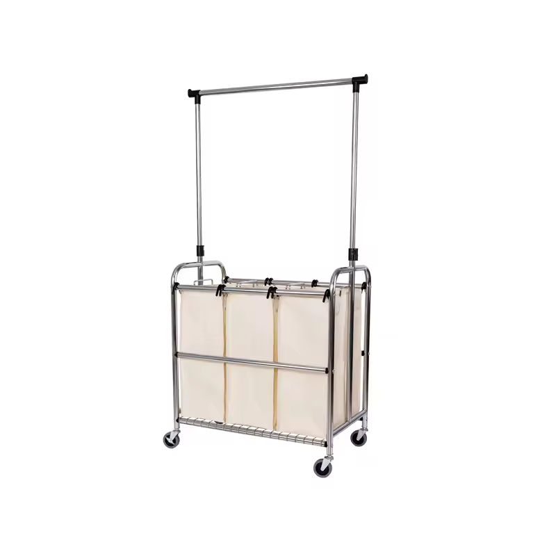 Factory Custom Hot-selling Laundry Basket Foldable Metal Bathroom Cabinets in Laundry Rolling 3-Bag Steel Laundry Sorter