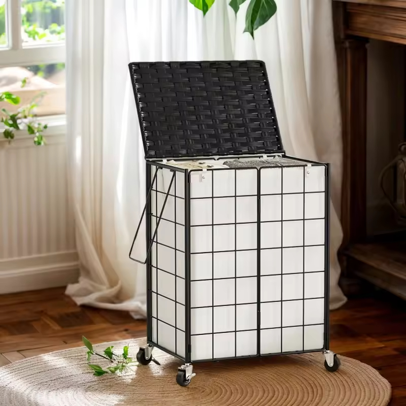 95L Laundry Basket with Lid & Wheels Iron Wire Hamper Removable Fabric Bag for Hotel Hospital Dorm Laundry Room Black/Beige