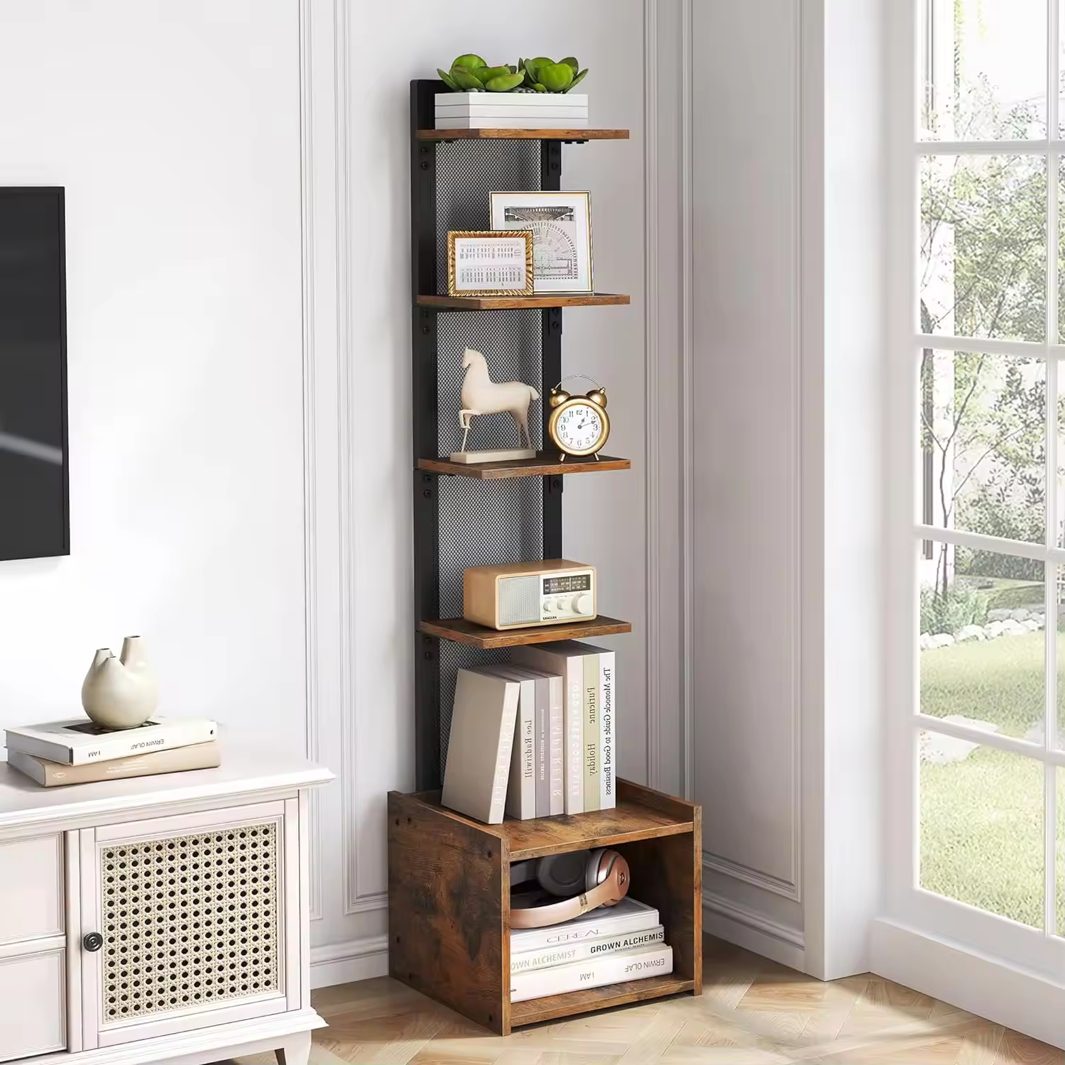 Custom Heavy-Duty 6-Tier Spine Display Shelf Tall Thin Bookcase with 6 Storage Shelves Narrow Display Rack