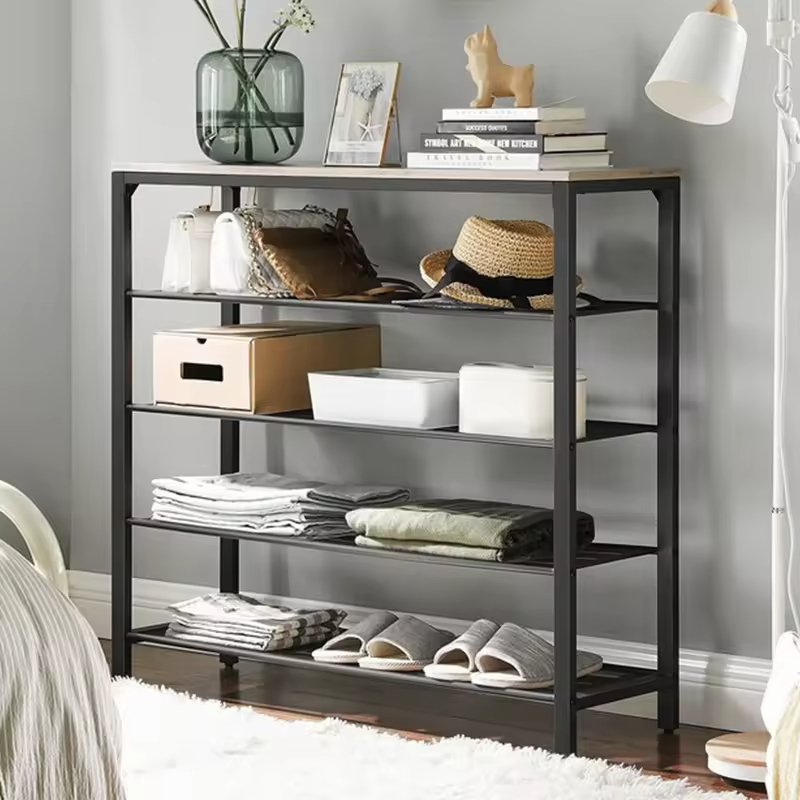 Custom 5 Tier Shoe Rack Organizer with Metal Frame and Wood Top Metal Mesh Shoe Storage Shelf Shoe Organizers