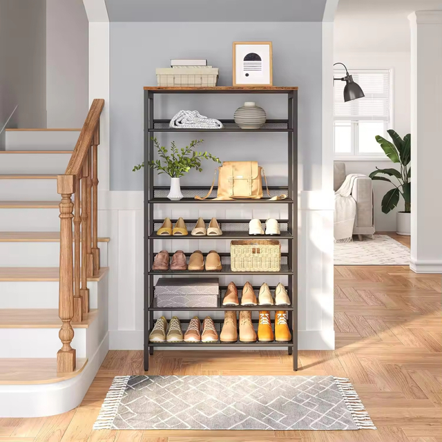 Custom 8-Tier Industrial Rustic Brown Metal Shoe Rack Organizer Sturdy Large Capacity Living Room Shoe Storage