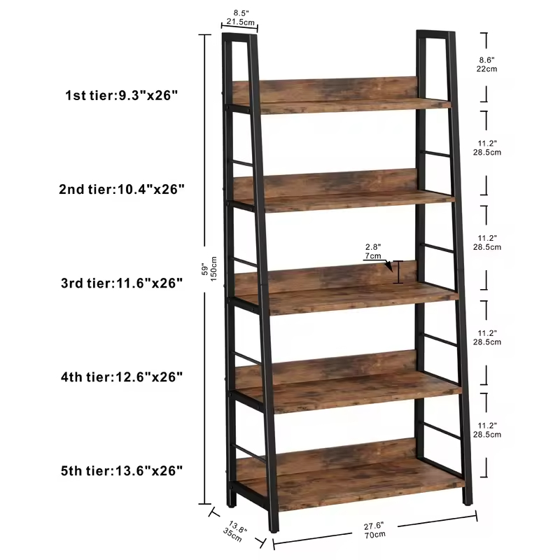ODM OEM 59'' H X 27.6'' W X 13.8'' D D 5tiers Living Room Office Show Room Ladder Storage Shelf Rack Shelf Unit Bookcase