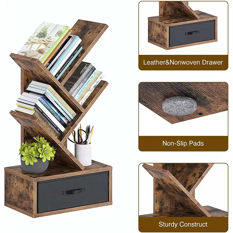 Wholesale Space Saving Wooden Bookshelf with Drawer 4 Shelves Living Room Storage Rack Retro Modern Design