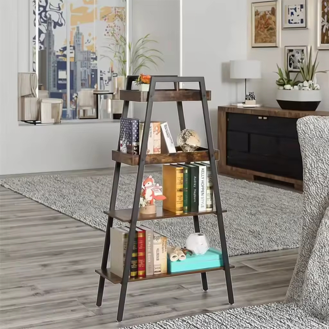 Customizable 4-Tier Solid Color Metal Wooden Bookcase Rack Factory Living Room Bedroom Display Bookshelf Storage