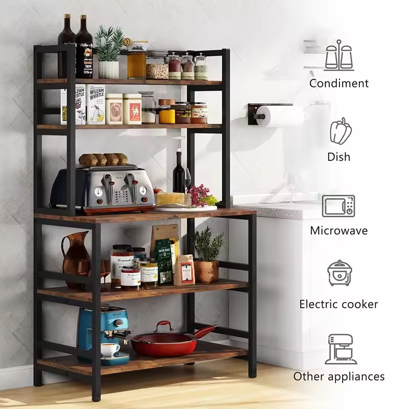 Manufacturer OEM 5-Tier Freestanding Durable Adjustable Metal Wood Modern Kitchen Bakers Rack Utility Storage Shelf Cart