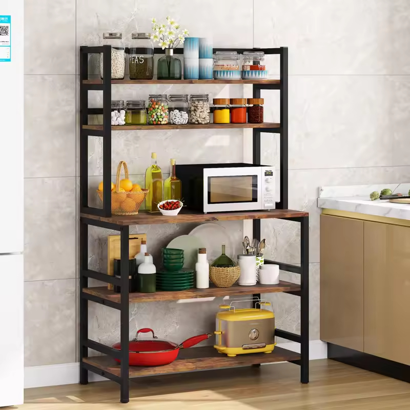 OEM ODM 5-Tier Modern Wood Metal Bookcase Spice Rack Organizer Bathroom Cabinet Microwave Storage Kitchen Racks Shelving