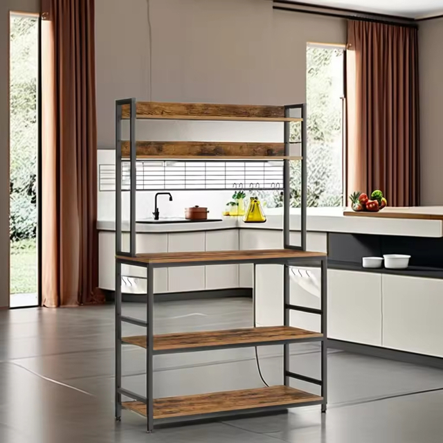 Manufacturer OEM/ODM Freestanding Kitchen Baker's Rack Microwave Oven Stand Coffee Machine Storage Shelf Socket Metal Wood