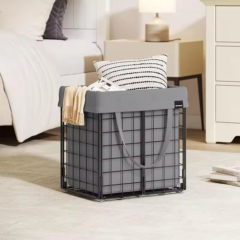 Custom 50L Metal Wire Frame Laundry Hamper with Removable and Washable Liner for Bedroom and Bathroom Organization