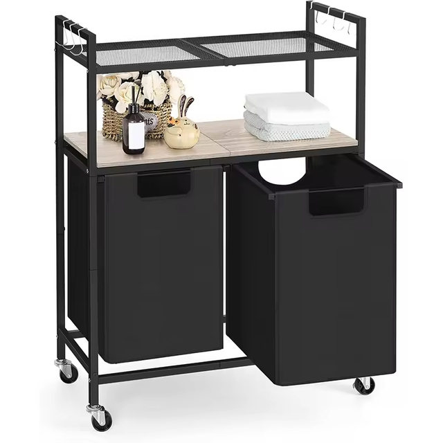 Custom Rustic Rolling Laundry Center with 2 Divided Shelves Factory-Built Bathroom Organizer and Storage Hamper for Clothing