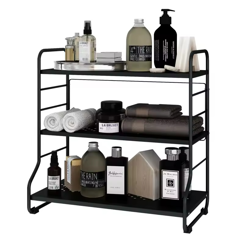 Customizable 3-Tier Black Metal Countertop Storage Rack Adjustable for Kitchen Living Room Factory's Freestanding Storage