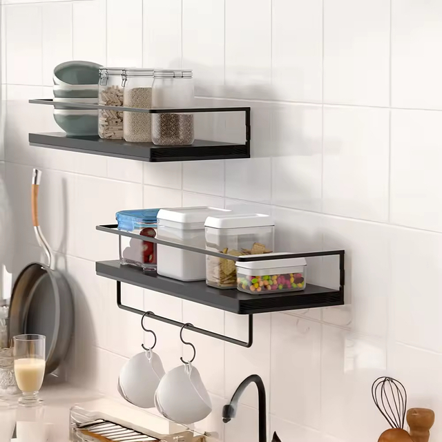 OEM & ODM 2-Piece Metal Floating Shelf Towel Bar Multifunctional for Magic Sticker Shower Rack for Kitchen Spice Rack Shelf