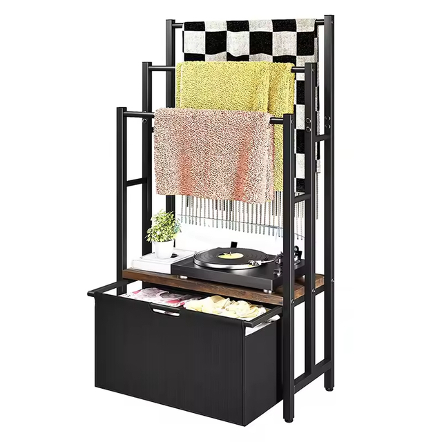 3-Layer Freestanding Indoor/Outdoor Metal Towel Rack with 2 Detachable Storage Baskets and 6 Hooks Also Features Blanket Rack
